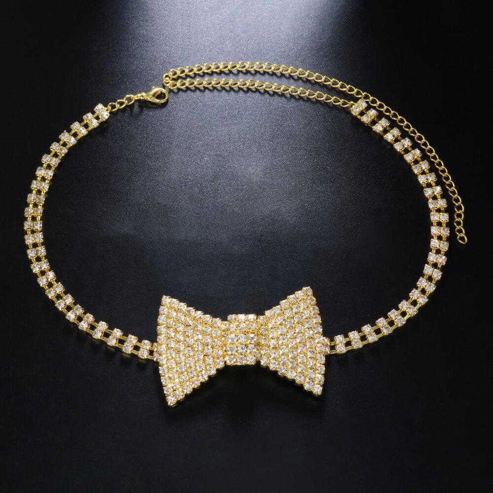 Crystal Bow Tie Choker Collar Chain Lady Rhinestone Tennis Chain Necklace - Picture 7 of 8